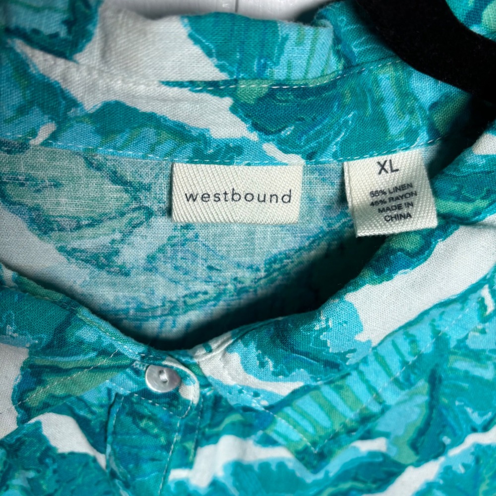 Coastal Teal Tropical Palm Leaf Linen Blend Roll Tab Button Up Shirt Sz XL - Picture 5 of 8
